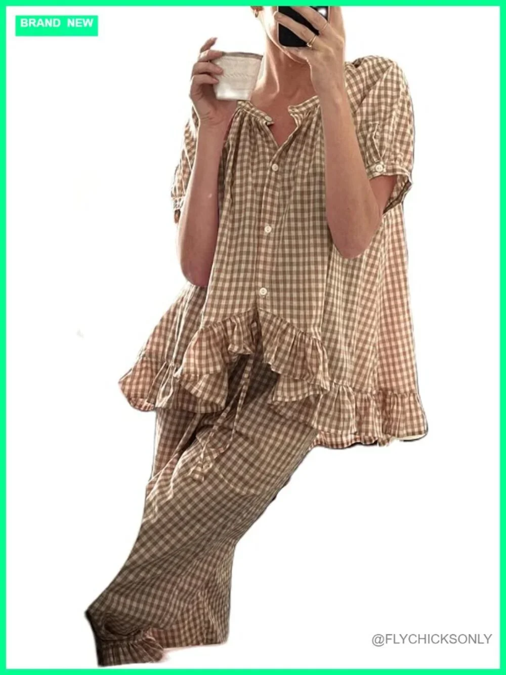 Women Plaid Ruffle Hem Pajama Set Short Sleeve High Waist Bell Bottom Pants